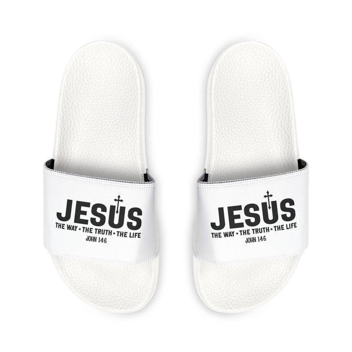 White men's Jesus sandals with black text and cross design