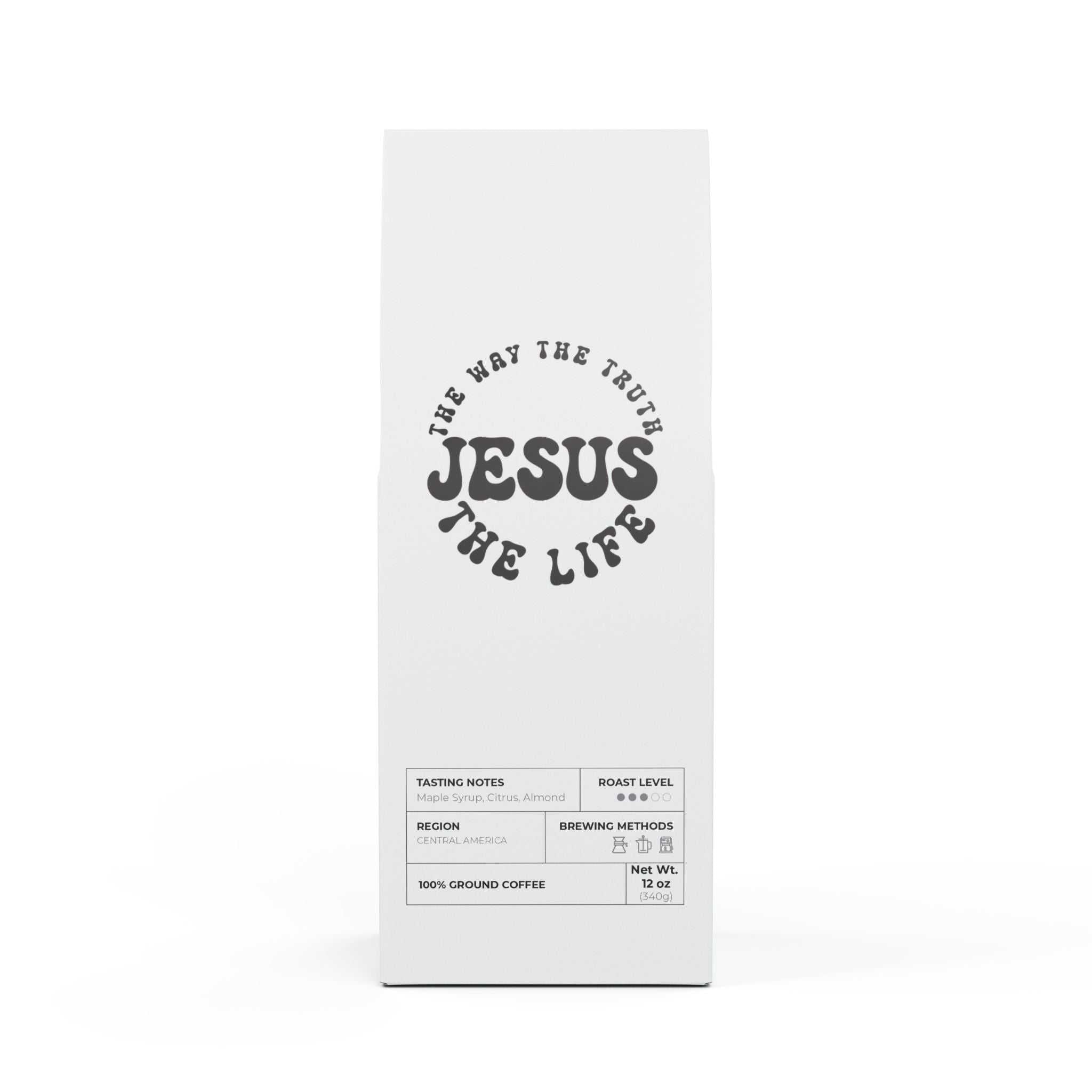 White package of Jesus Coffee – Medium Roast