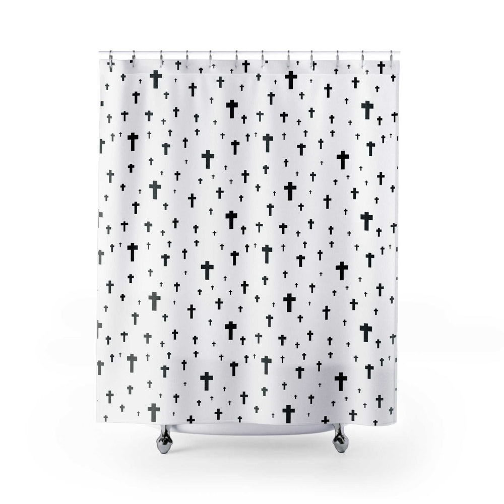 White polyester shower curtain with black cross pattern