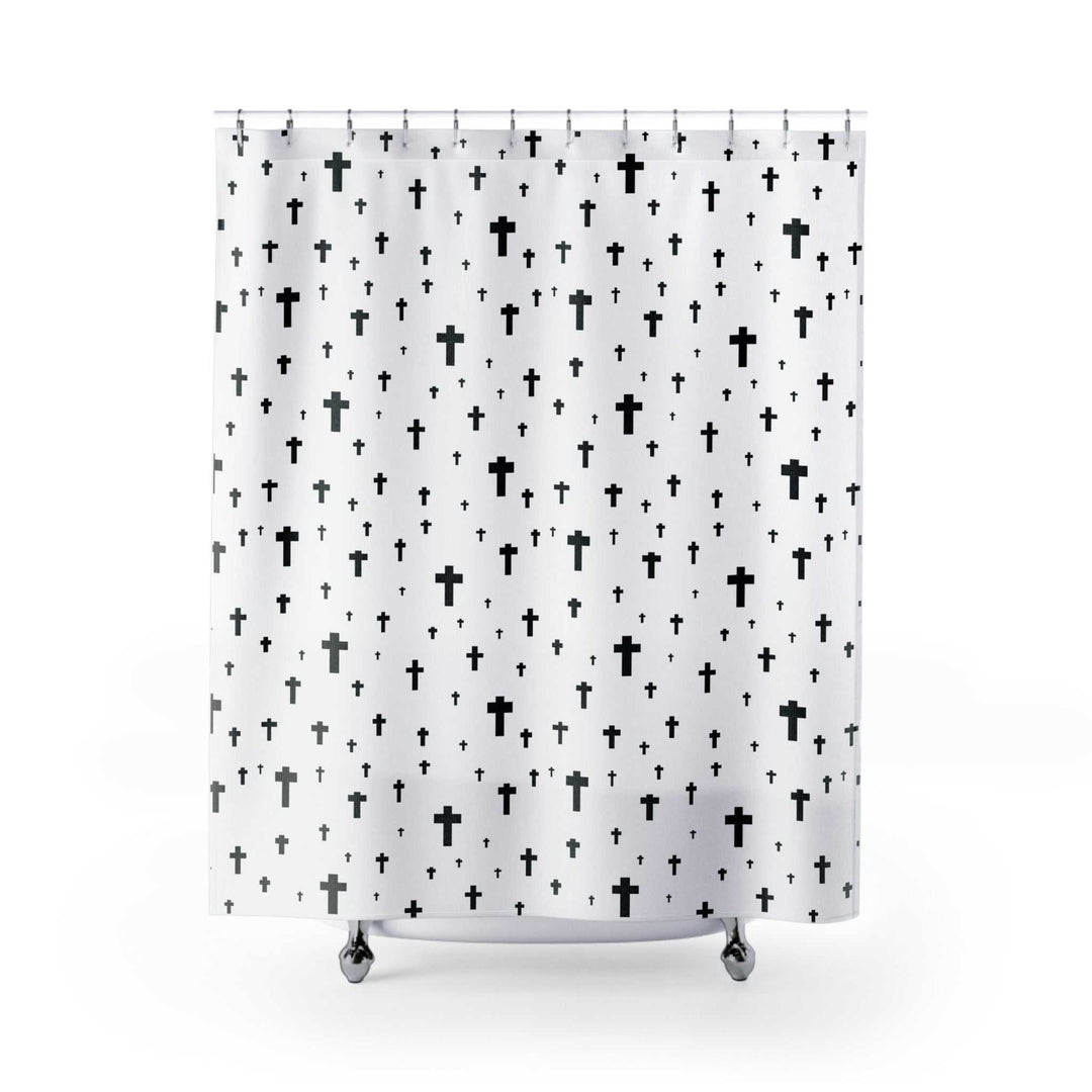 White polyester shower curtain with black cross pattern