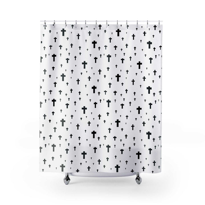 White polyester shower curtain with black cross pattern