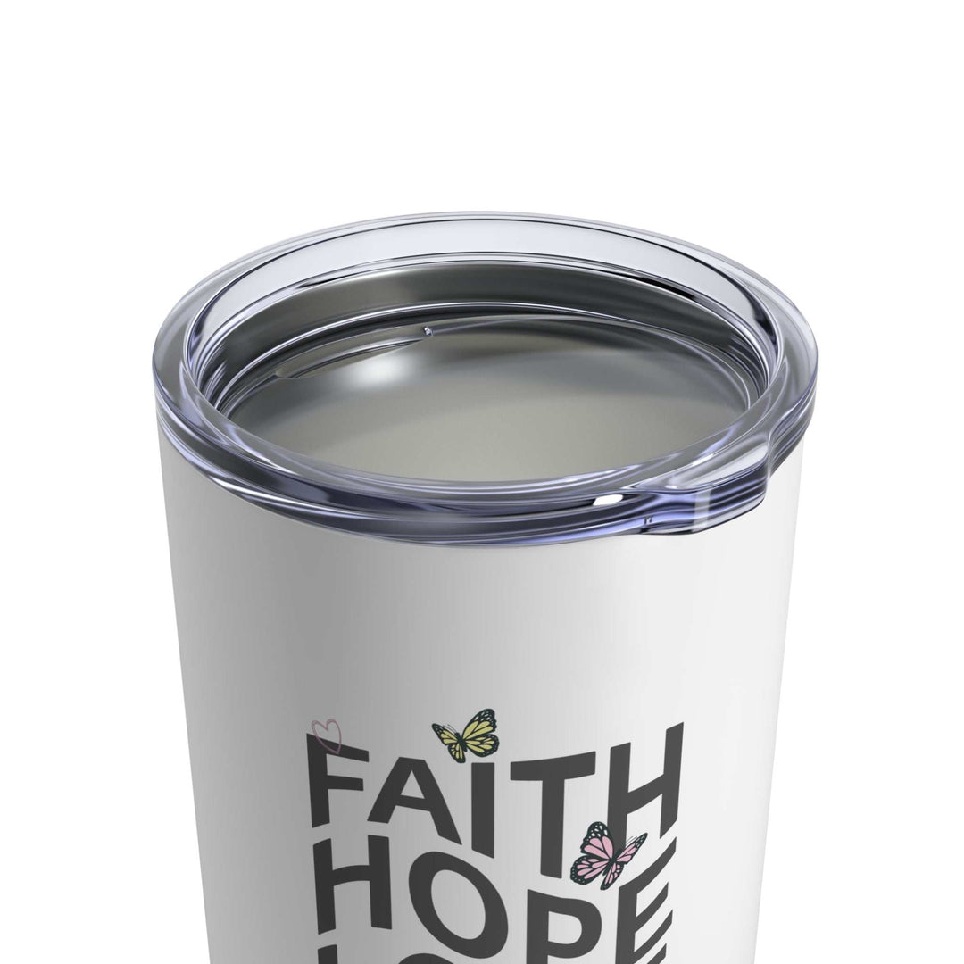 White stainless steel Faith Hope Love Tumbler with clear push-on lid