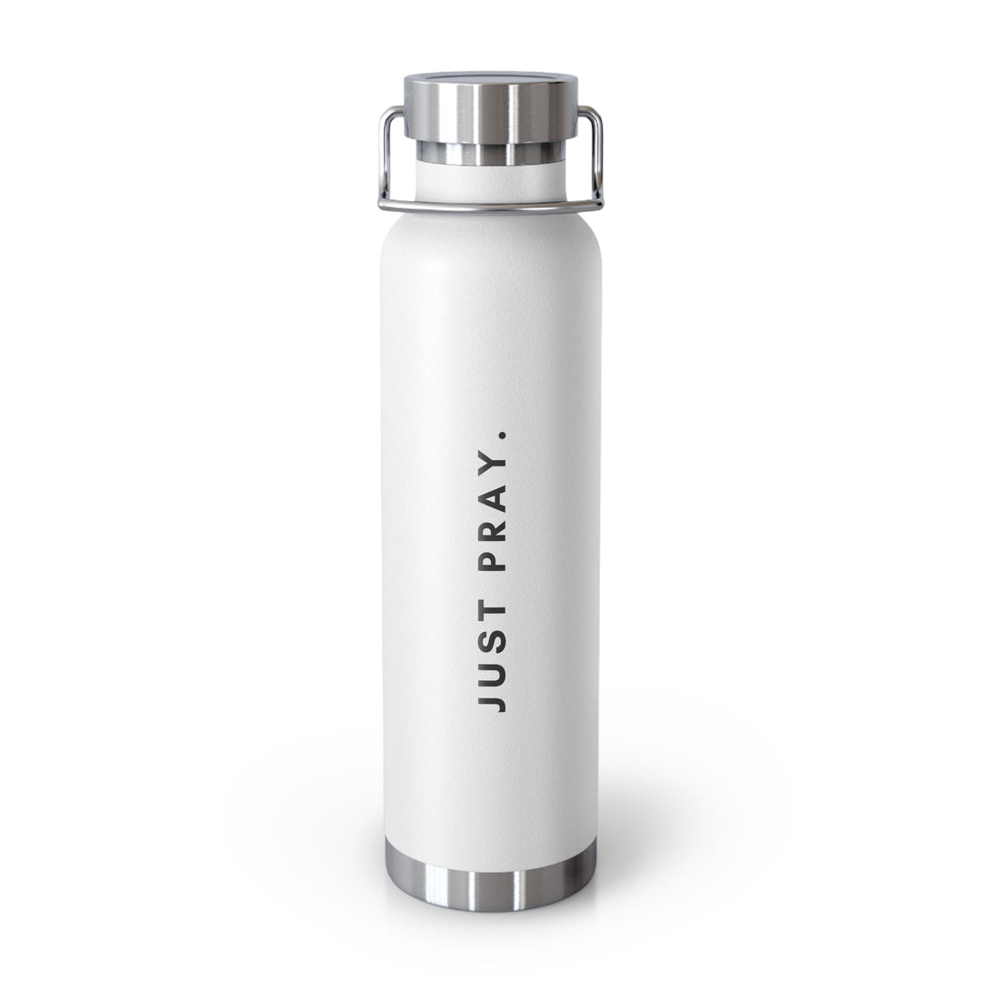 White Keep Praying bottle with stainless steel lid and motivational text "JUST PRAY." designed for hydration and spiritual encouragement