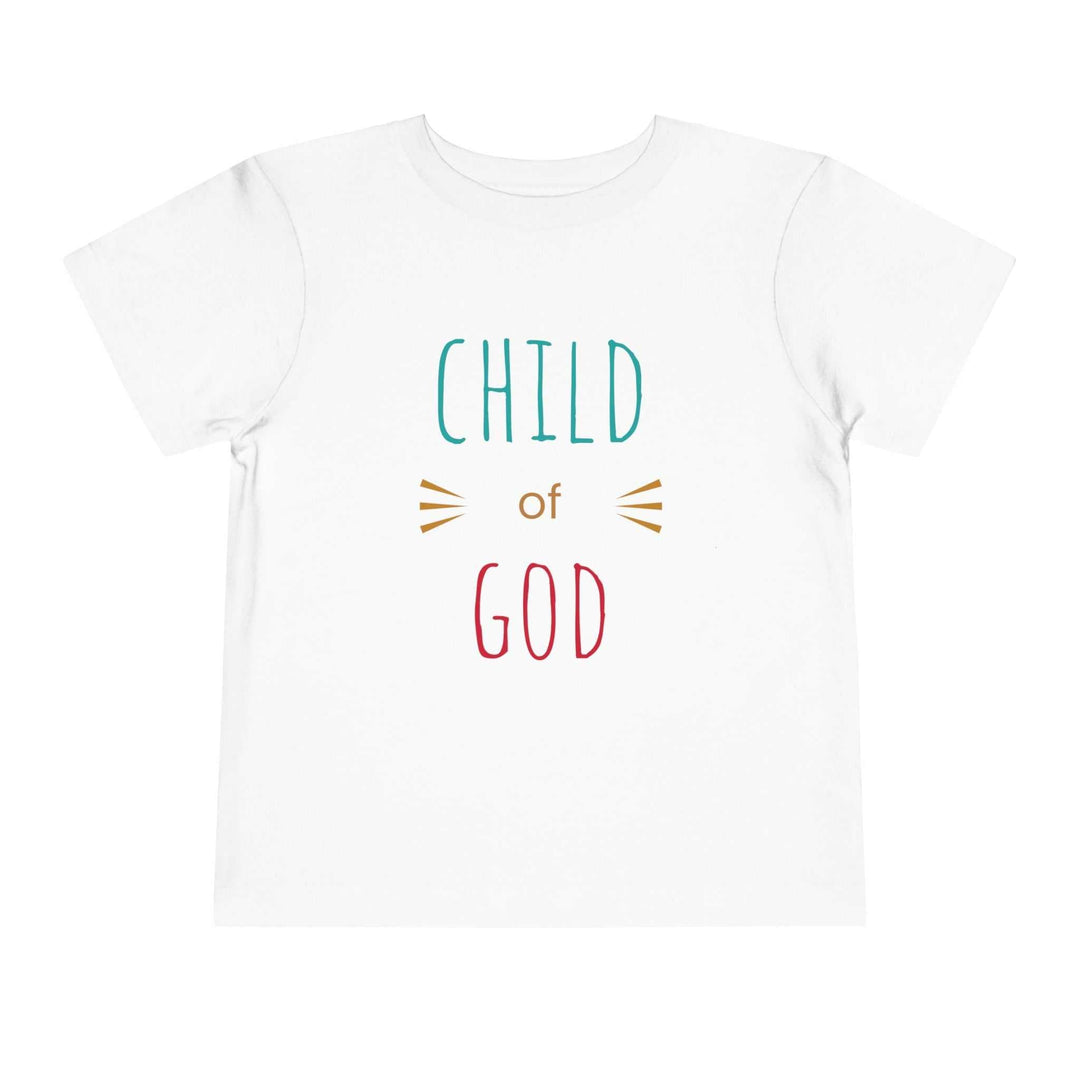 White Child of God T-Shirt with colorful text, made from soft, lightweight cotton for everyday faith-inspired wear.