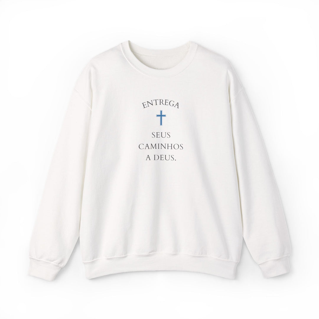 White classic fit sweatshirt with Portuguese faith message and blue cross design