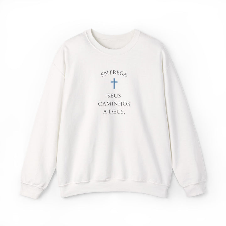 White classic fit sweatshirt with Portuguese faith message and blue cross design