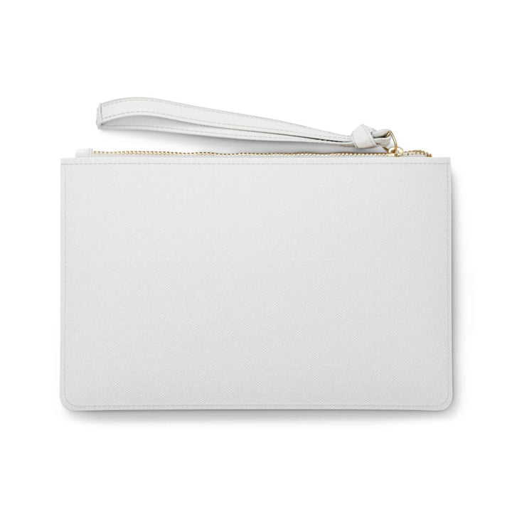White PU faux leather clutch bag with wrist strap and saffiano texture