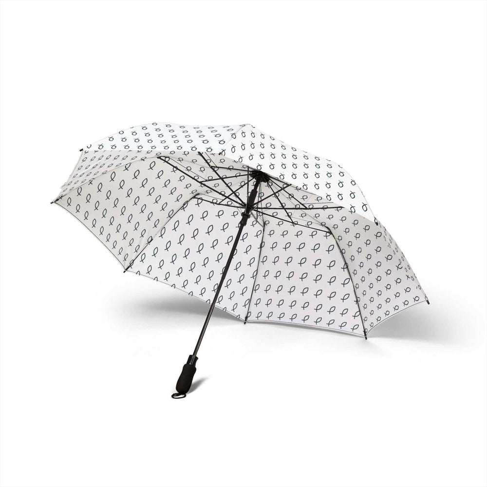 White waterproof umbrella with black Christian fish pattern