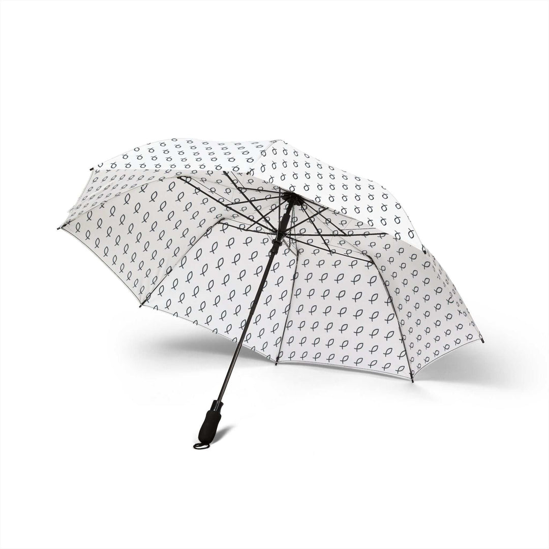 White waterproof umbrella with black Christian fish pattern