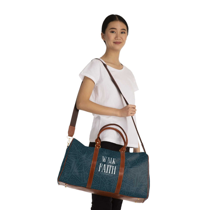 Woman carrying Walk by Faith Bag with brown PU leather handles