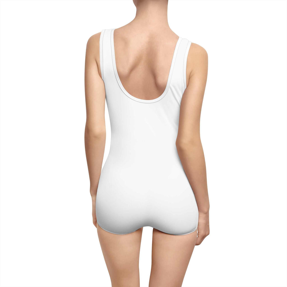 Woman wearing Christian swimsuit with deep U-shape back cut