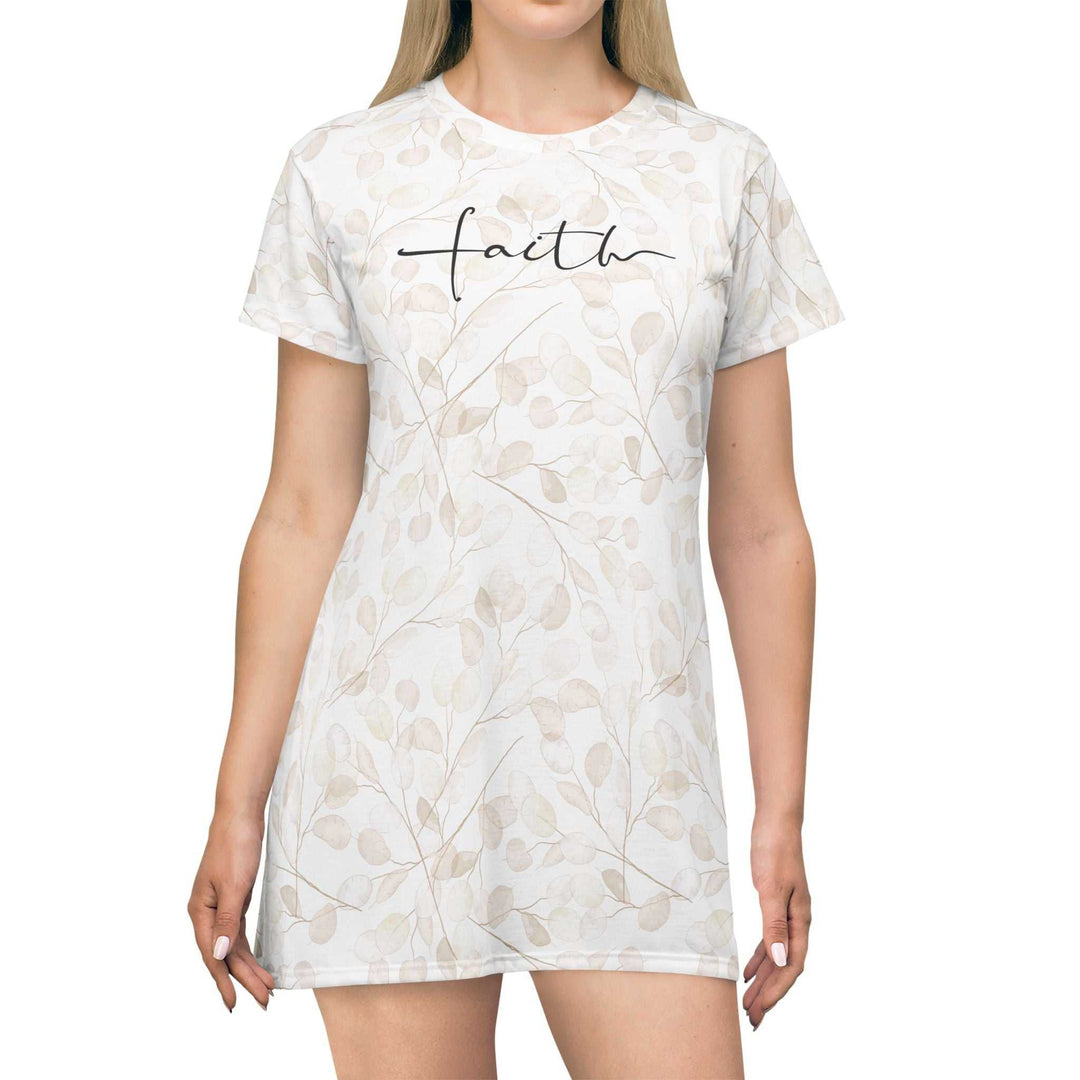 Woman wearing Faith T-Shirt Dress with light floral print