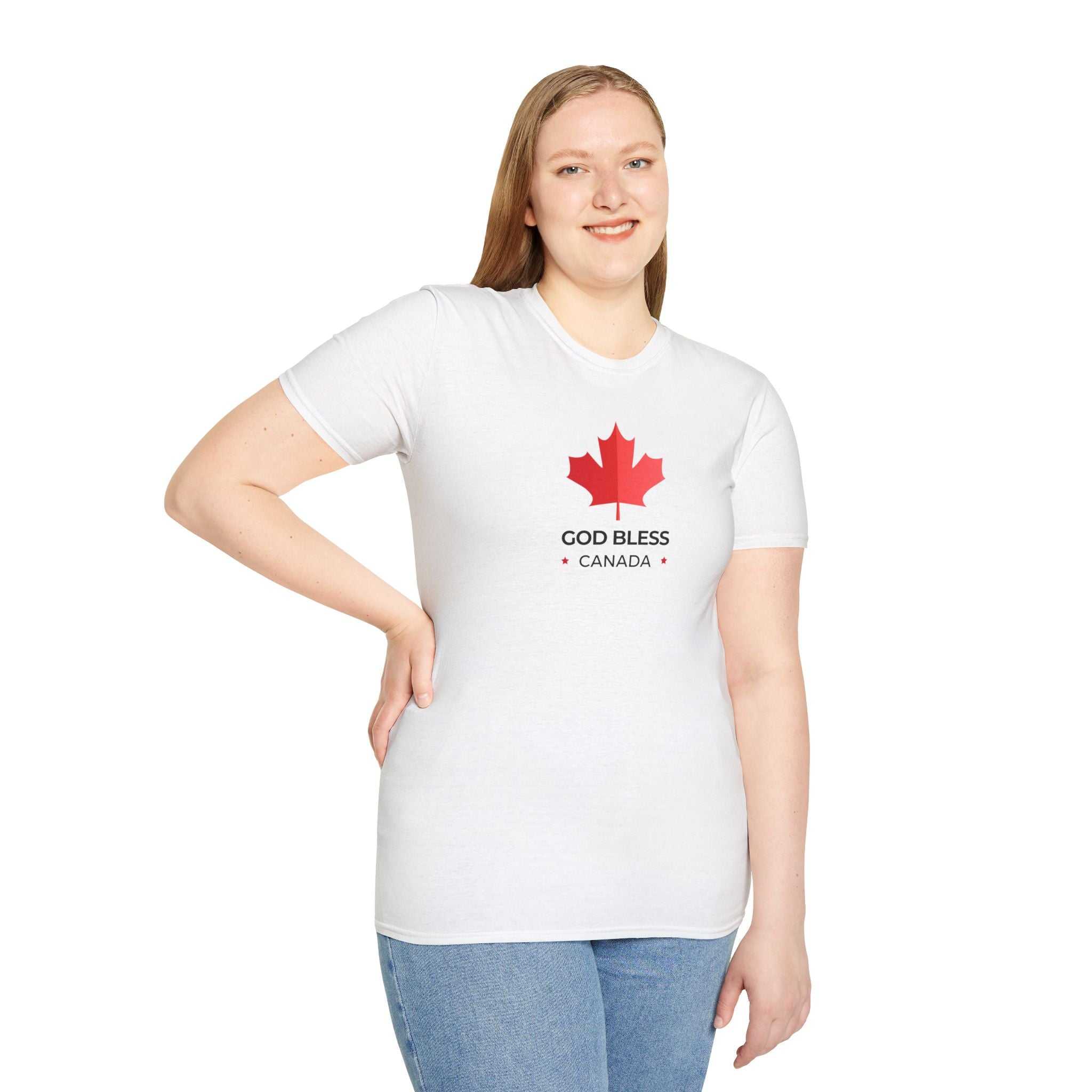 Woman wearing God Bless Canada T-Shirt with red maple leaf graphic