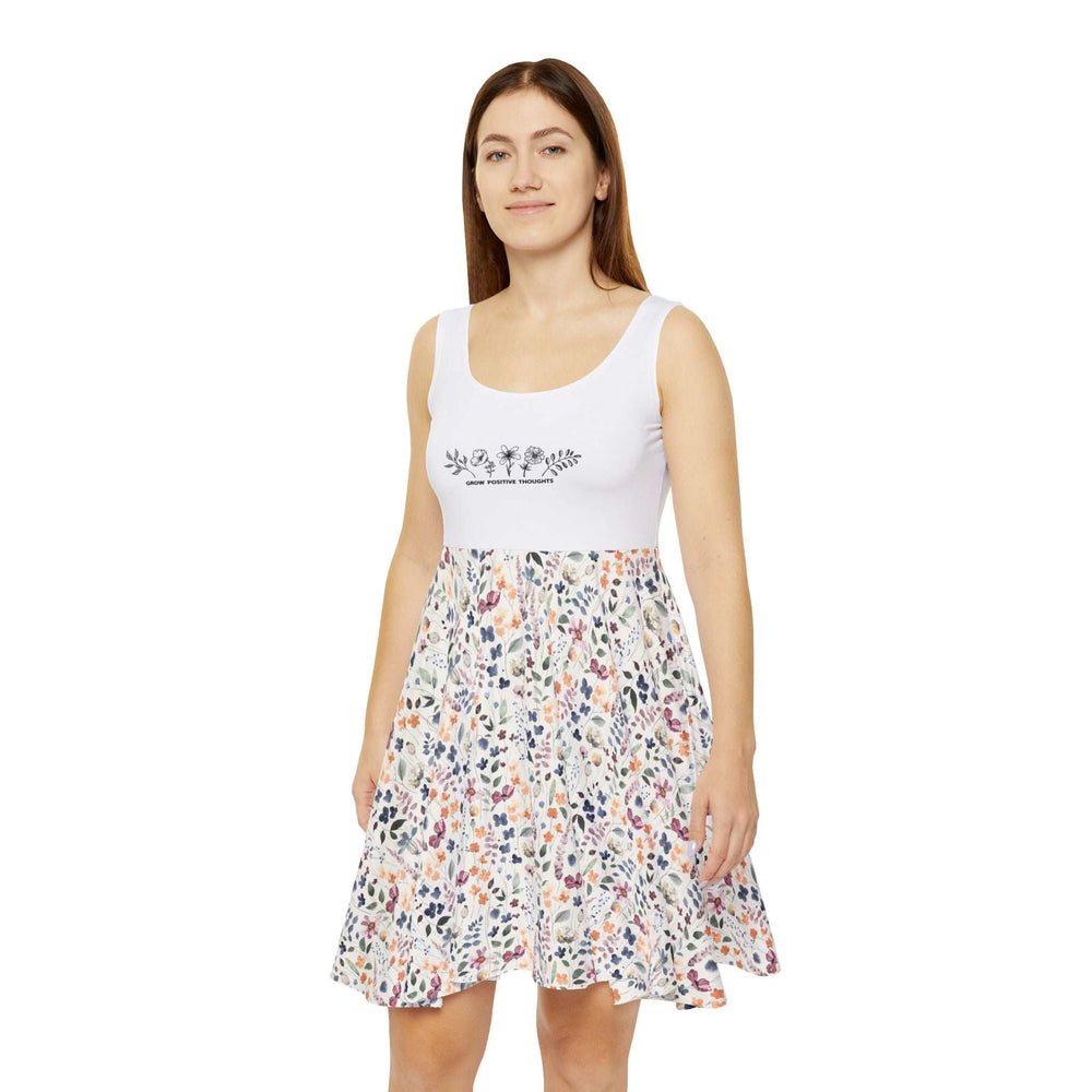 Woman wearing a Grow positive thoughts skater dress