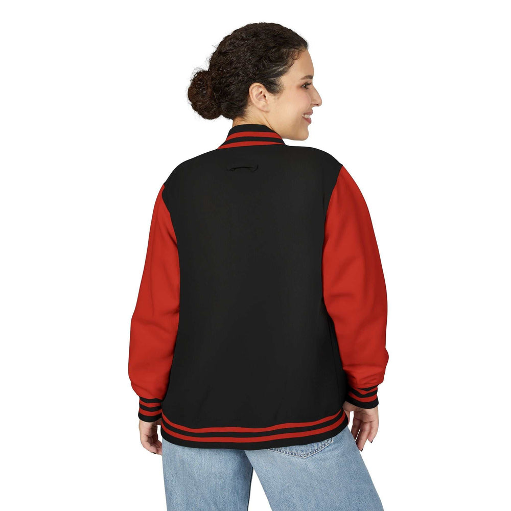 Woman wearing a black and red Never Give Up jacket made of ring-spun cotton and polyester, shown from the back with striped cuffs and collar.