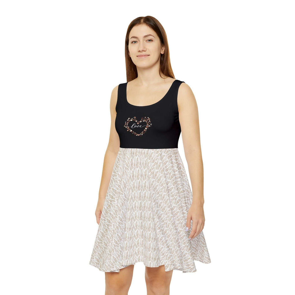 Woman wearing a black and white Hearts Skater Dress