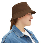 Woman wearing a brown Christian bucket hat with denim jacket