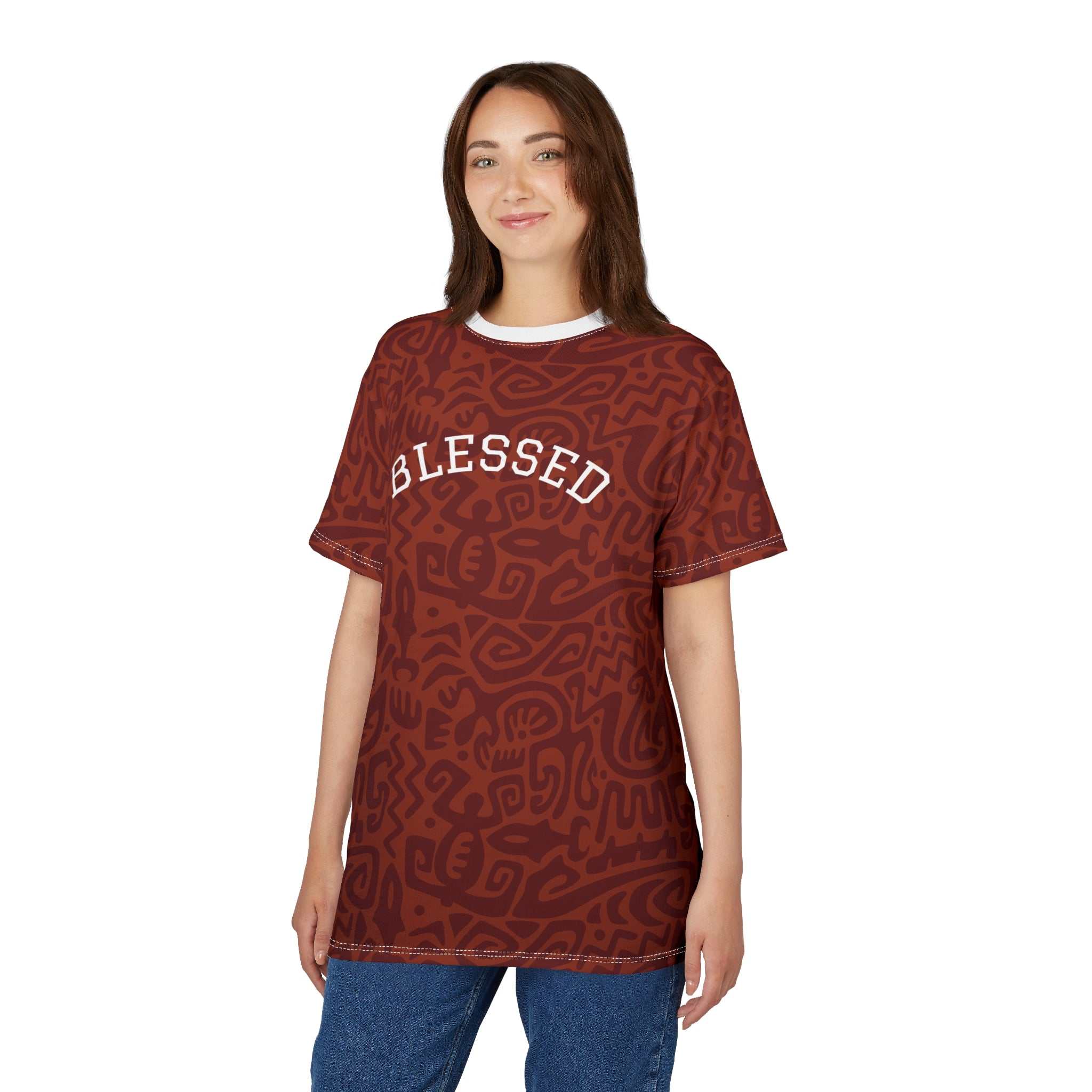 Woman wearing a brown patterned Blessed T-Shirt