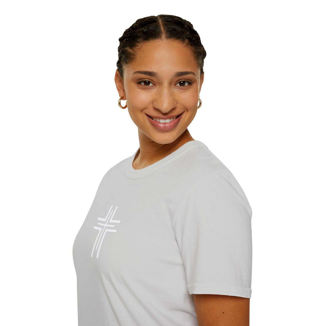 Woman wearing a soft, white Graphic Cross T-Shirt