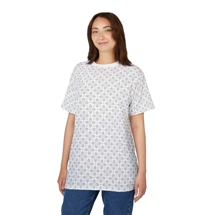 Woman wearing a white Christian Cross T-Shirt with all-over cross print