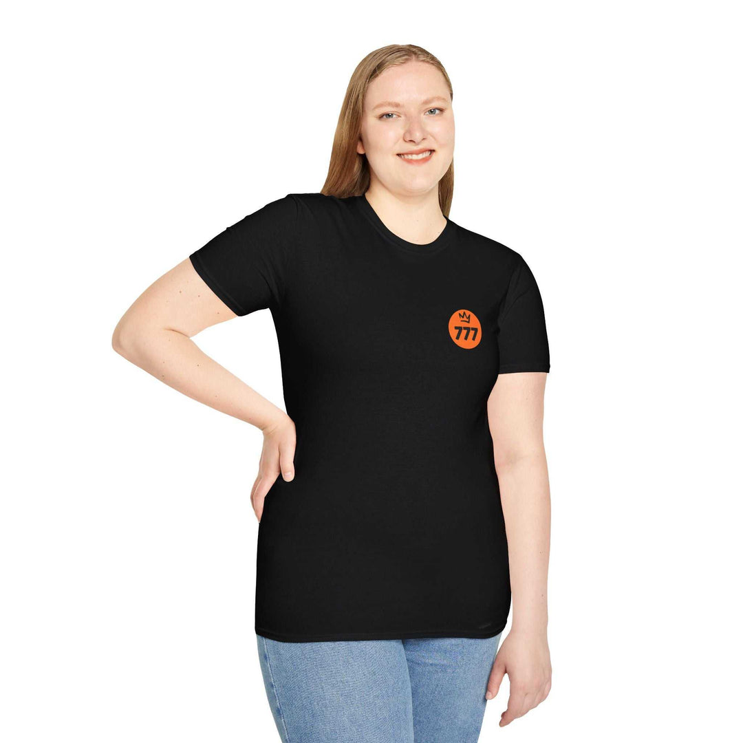 Black Divine Perfection T-shirt with orange 777 design, classic fit, worn by smiling woman