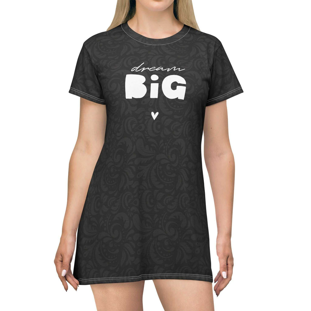 Woman wearing black Dream Big T-Shirt Dress with white text