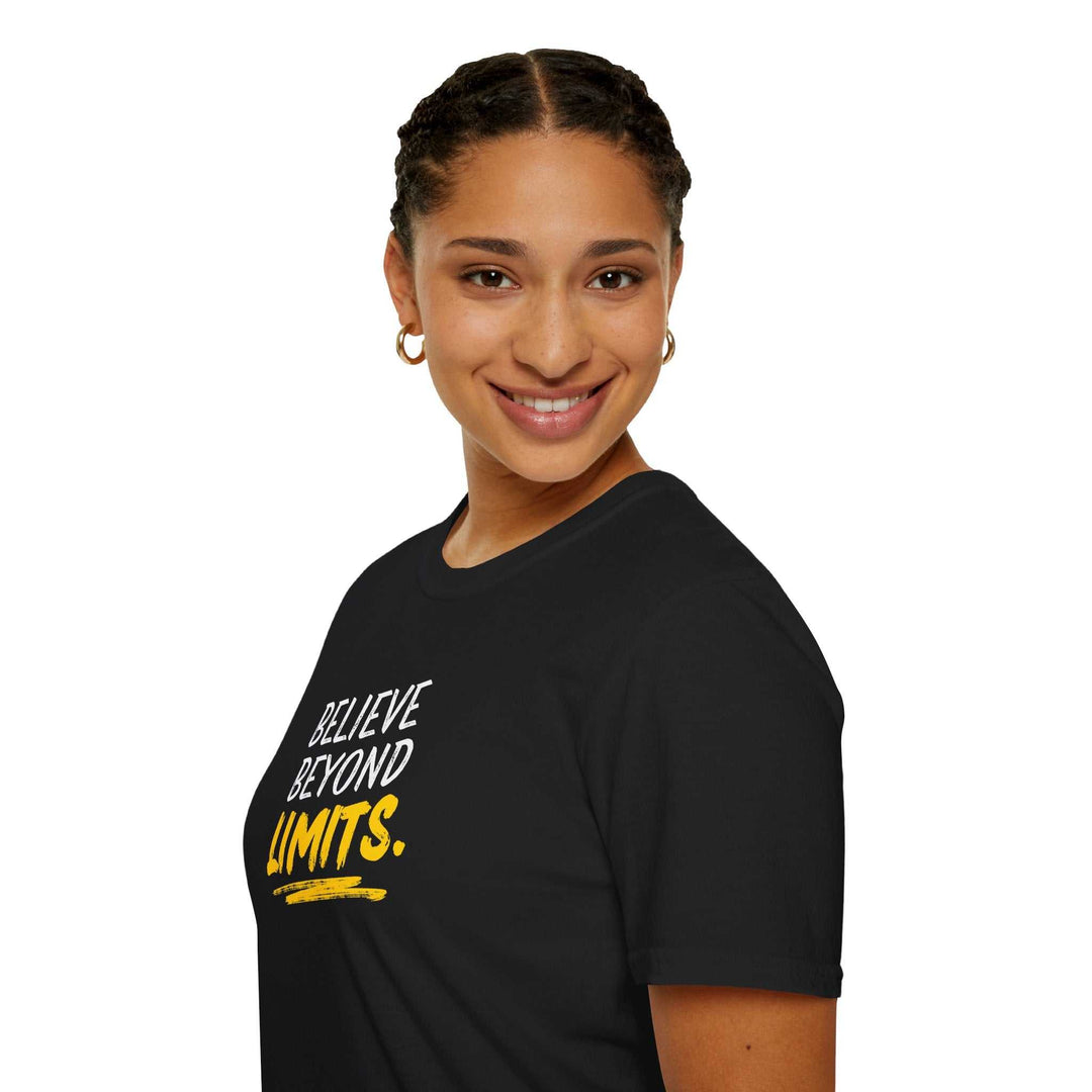 Black Faith Without Limits t-shirt with motivational "Believe Beyond Limits" text worn by smiling woman