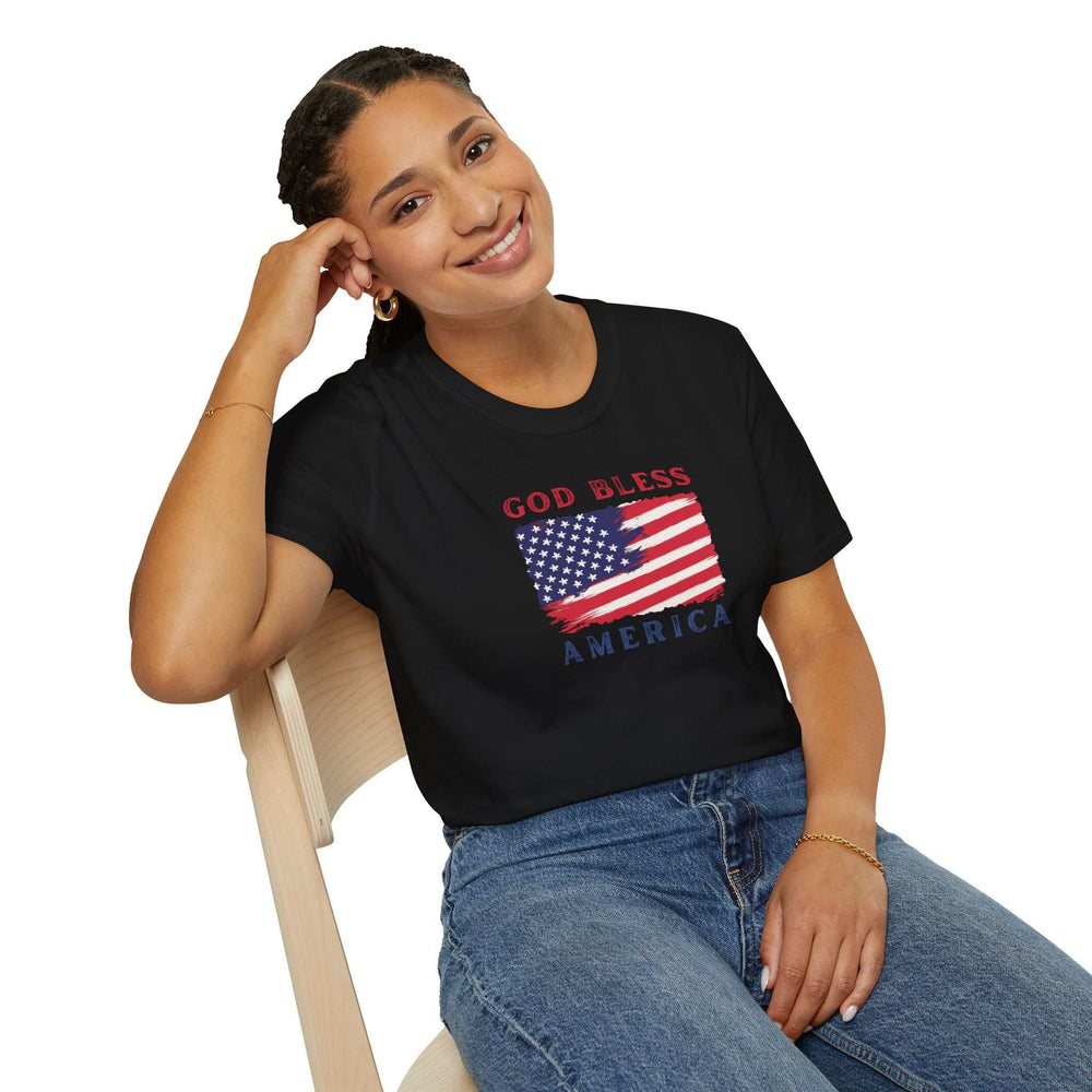 Woman wearing black God Bless America T-Shirt with American flag