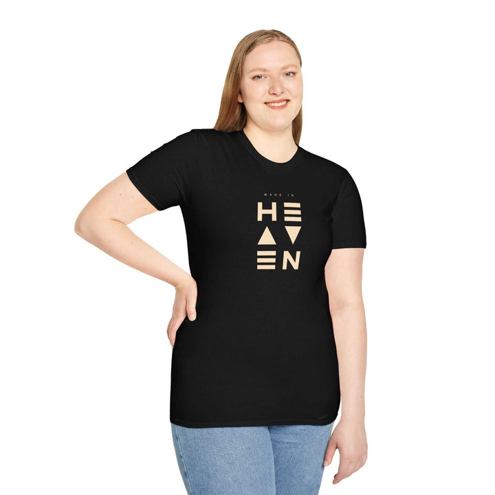 Woman wearing black Heaven T-Shirt with geometric print, classic fit, and 100% ring-spun cotton.