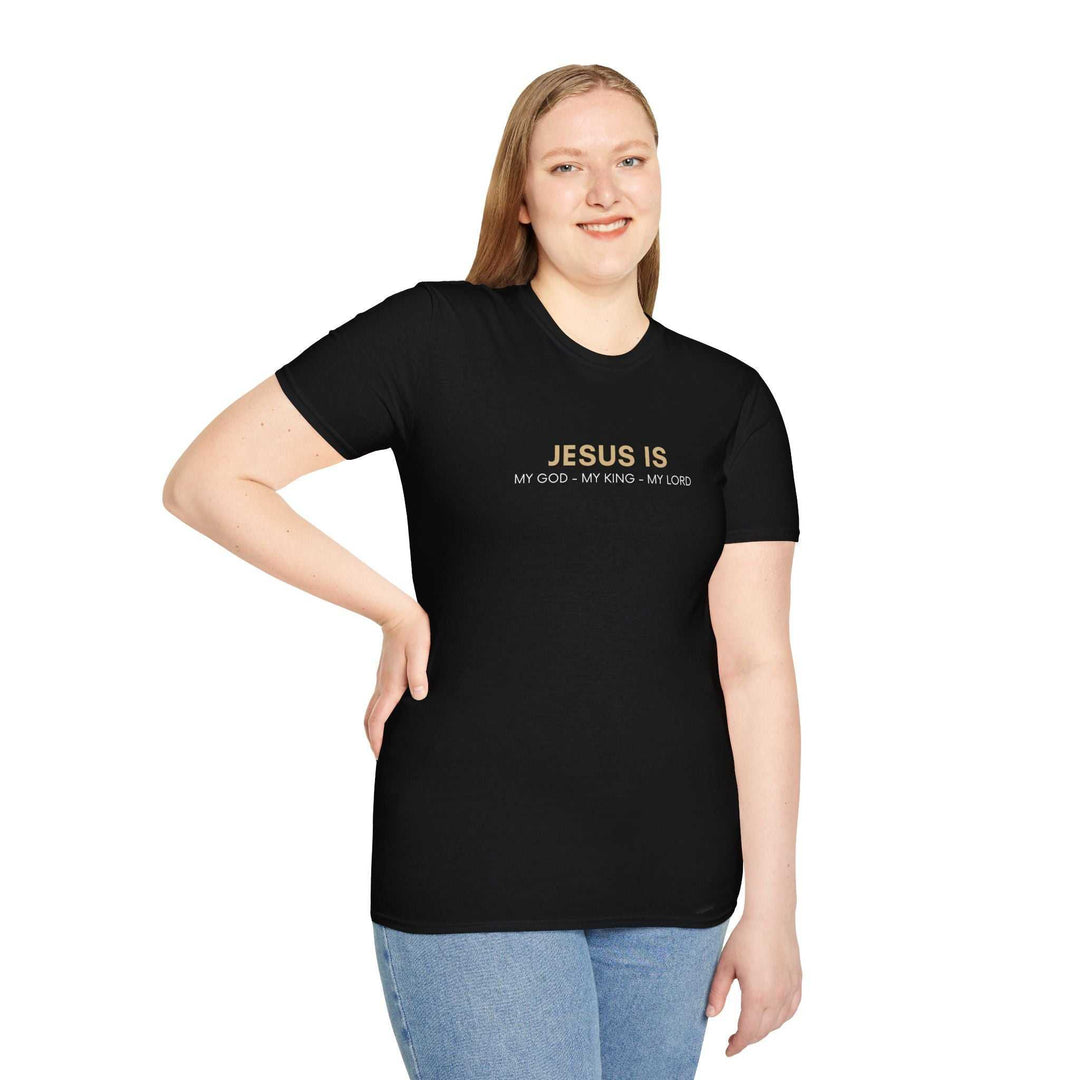 Woman wearing black Jesus Is Lord T-Shirt with gold text