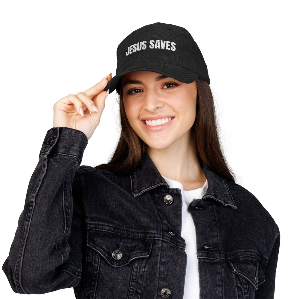 Woman wearing a black Jesus Saves vintage cap with adjustable strap and casual black denim jacket
