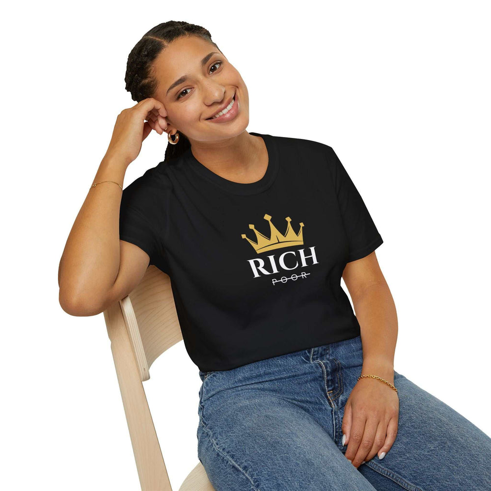 Black Rich Mindset T-shirt with gold crown graphic worn by smiling woman sitting on chair