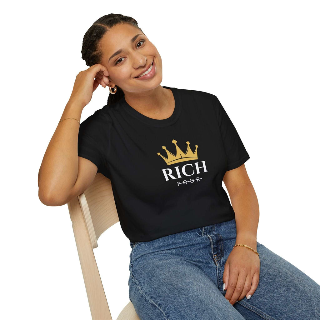 Black Rich Mindset T-shirt with gold crown design worn by smiling woman sitting on chair