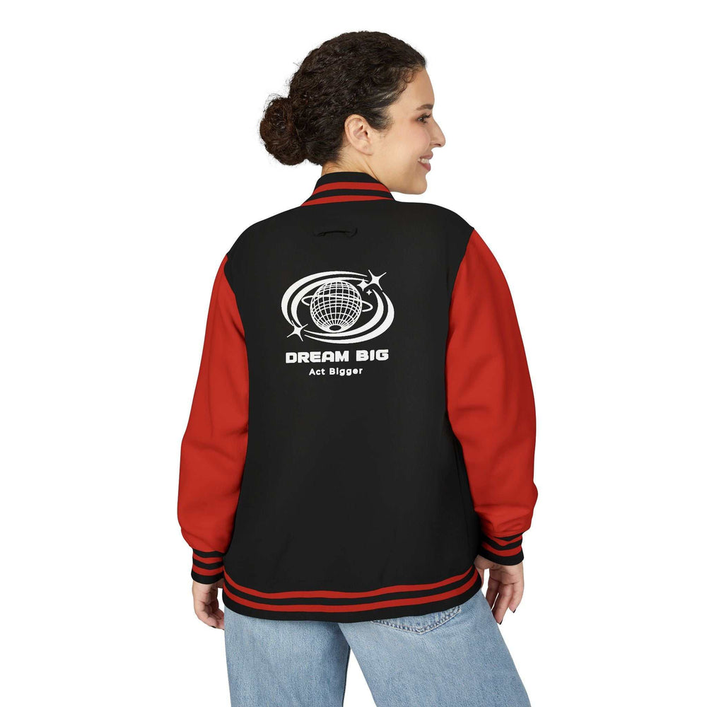 Black and red Dream Big jacket with globe design on back worn by woman