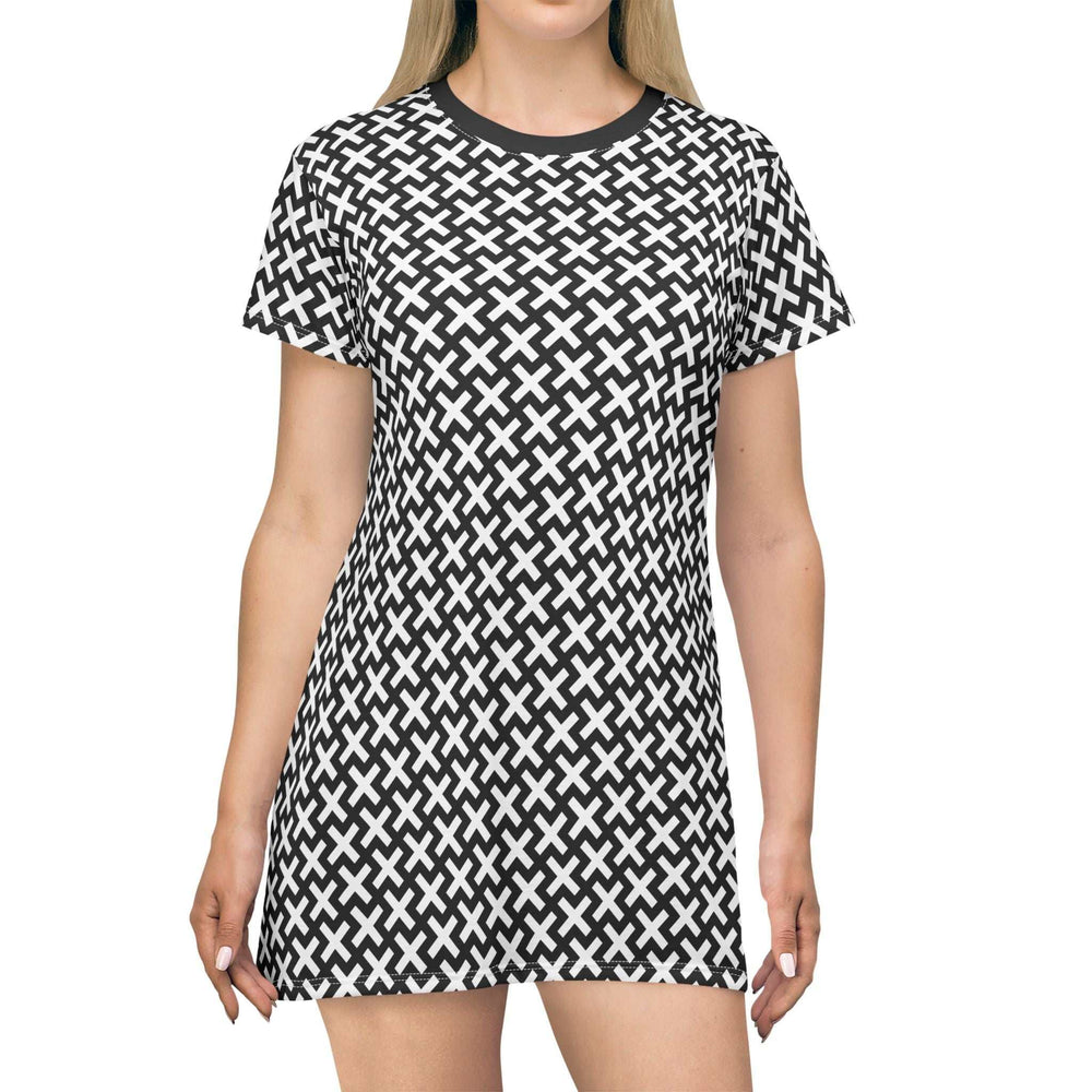 Woman wearing black and white Christian cross t-shirt dress