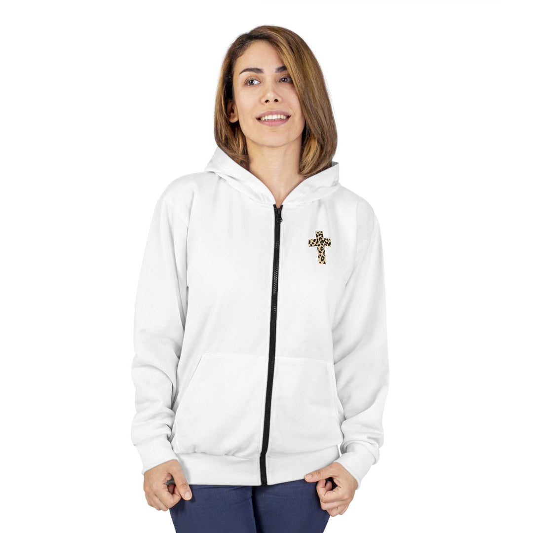 Woman wearing white Christian Cross zip hoodie with black zipper