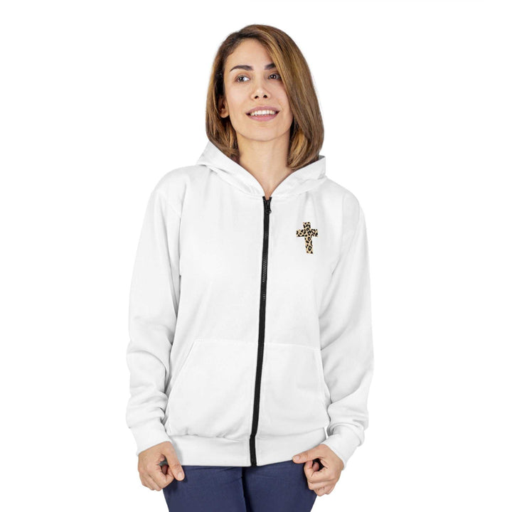 Woman wearing white Christian Cross zip hoodie with black zipper