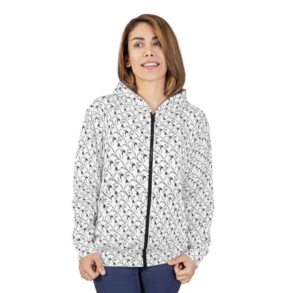 Woman wearing white Eagles Pattern Zip Hoodie with black zipper