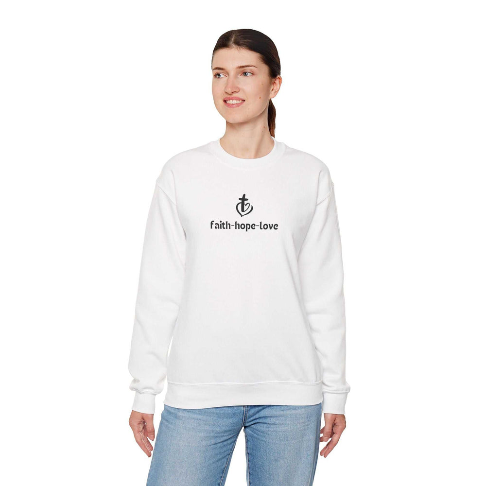 White classic fit sweatshirt with faith-hope-love text and symbol, made of cotton-polyester blend.