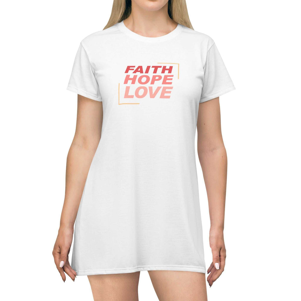 Woman wearing white Faith Hope Love t-shirt dress