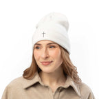 Woman wearing white Faith Knit Beanie with embroidered cross