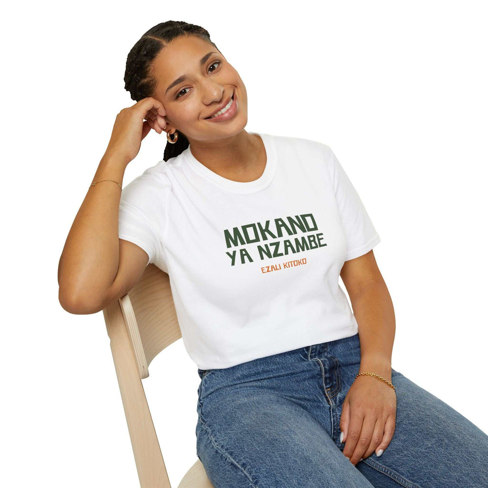 Smiling woman wearing a white classic-fit God's Plan T-Shirt with Lingala text made of 100% ring-spun cotton.