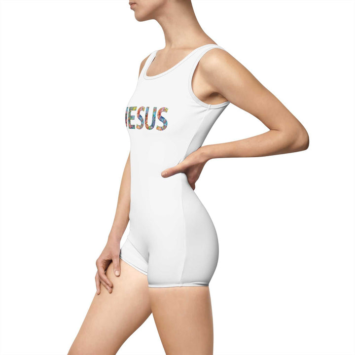 Woman wearing white Jesus Swimsuit with colorful text