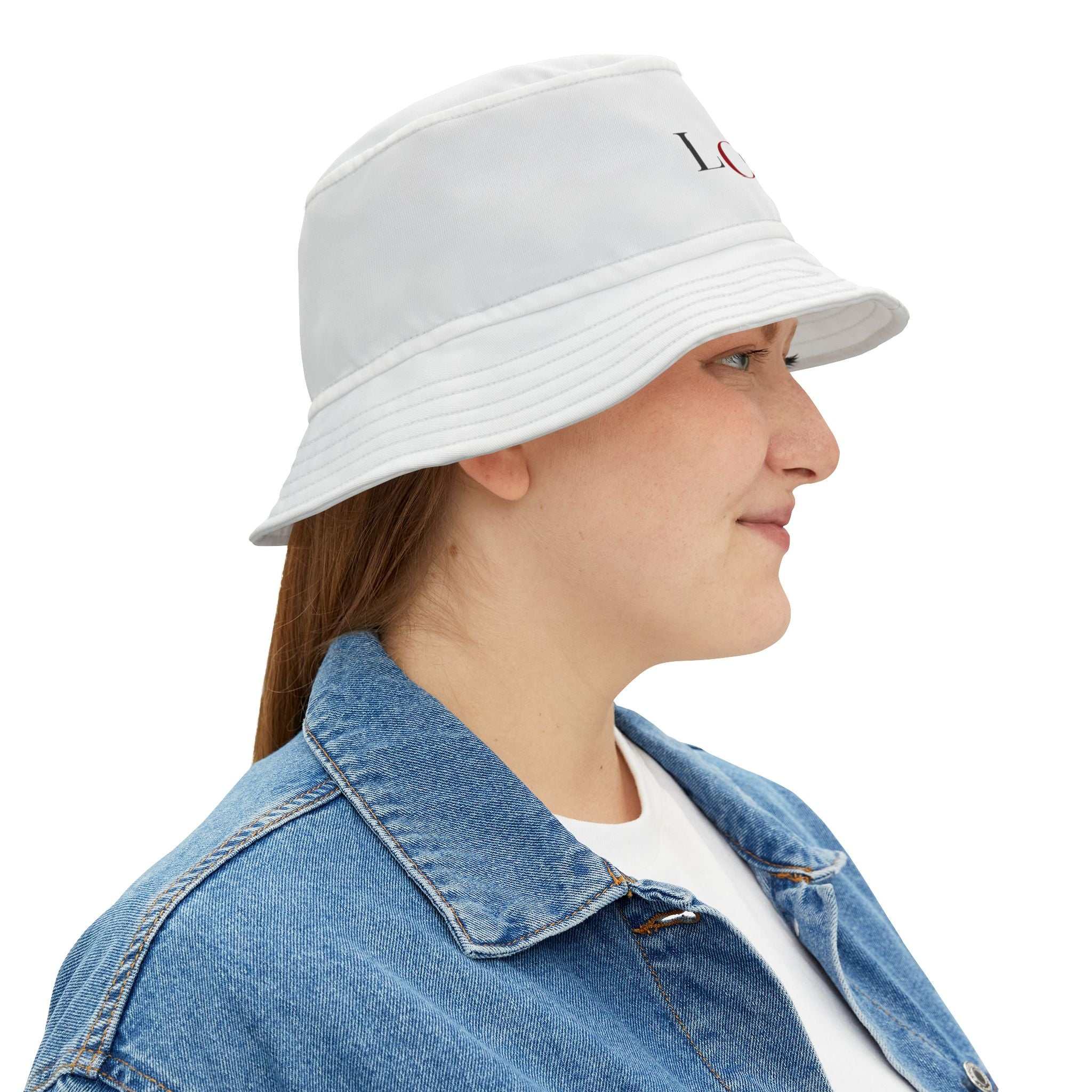 Woman wearing white Love Bucket Hat made of 100% polyester