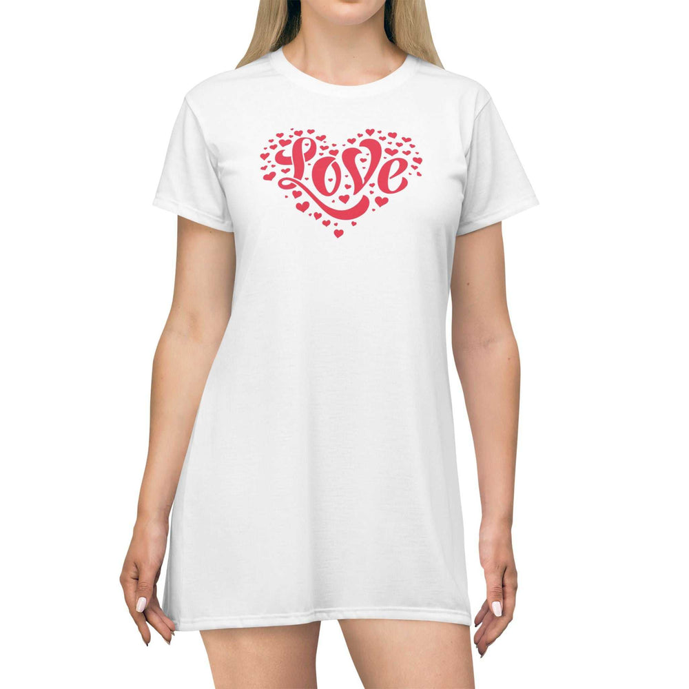 Woman wearing white Red Heart T-Shirt Dress with red love heart print