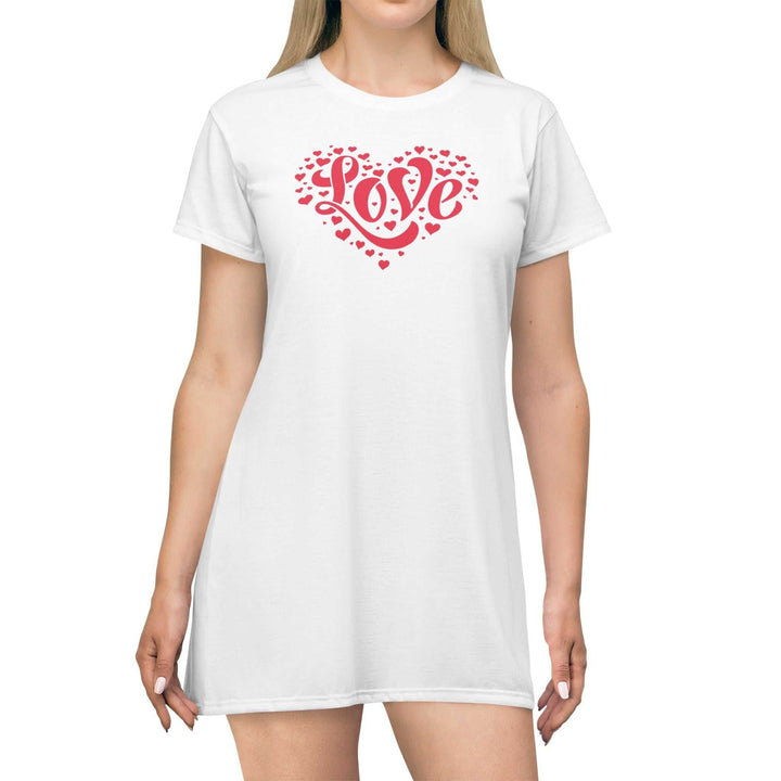 Woman wearing white Red Heart T-Shirt Dress with red love heart print