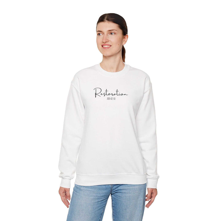 Woman wearing white Restoration Sweatshirt with crewneck