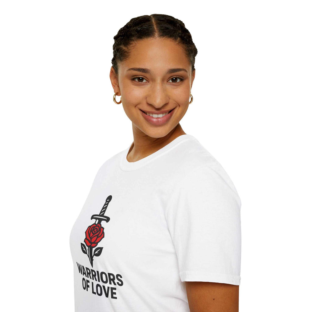 Woman wearing white Warriors of Love T-Shirt