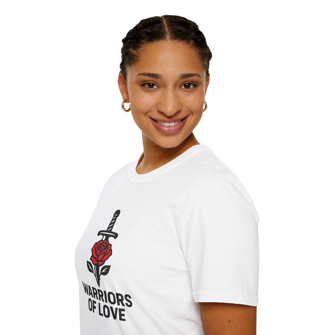 Woman wearing white Warriors of Love T-Shirt
