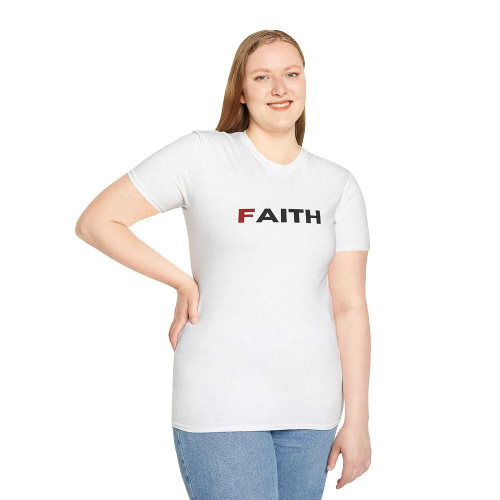 Woman wearing white classic fit Faith T-Shirt made from 100% ring-spun cotton with tear-away label